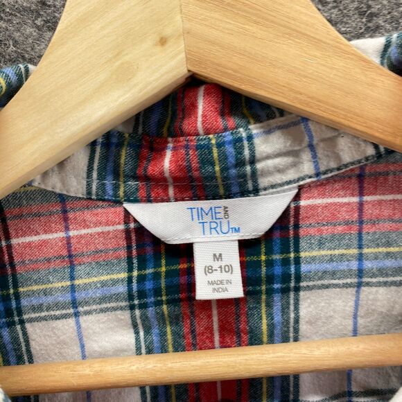 New Time And Tru Shirt Women M Medium Red Plaid Button Up Collared Long Sleeve - Picture 4 of 8